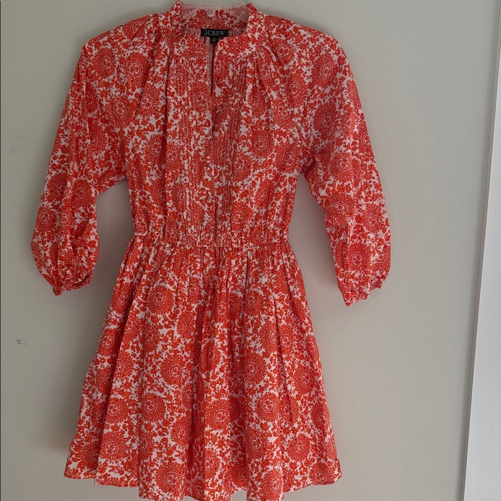 J. Crew Orange and White Printed Cotton Fit-and-Flare Dress